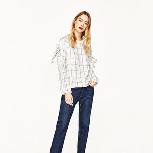 ZARA M NWT CHECKED TOP WITH BOW SLEEVES